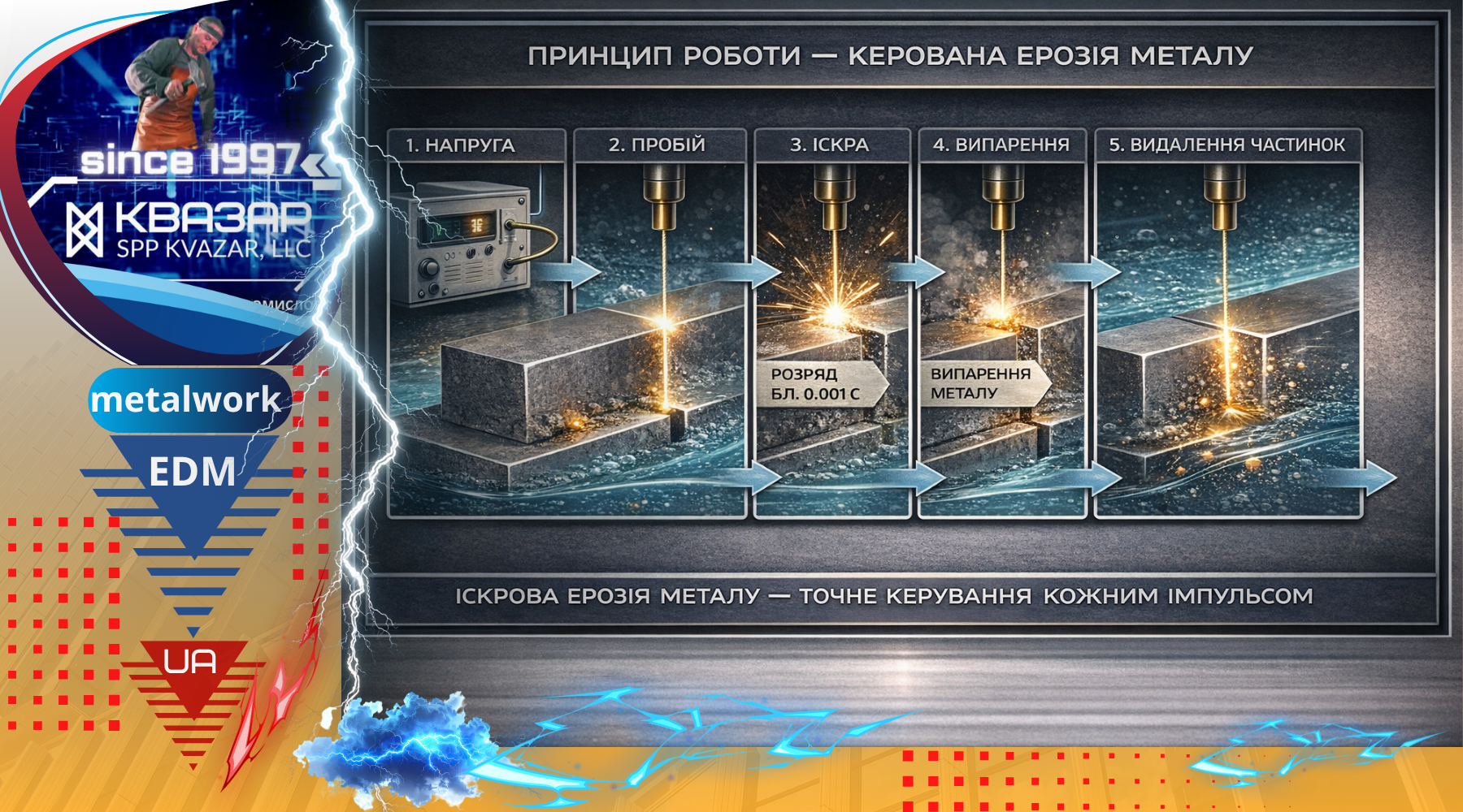 схема електроерозійної обробки EDM імпульсна напруга пробій діелектрика іскрова ерозія металу контурна різка