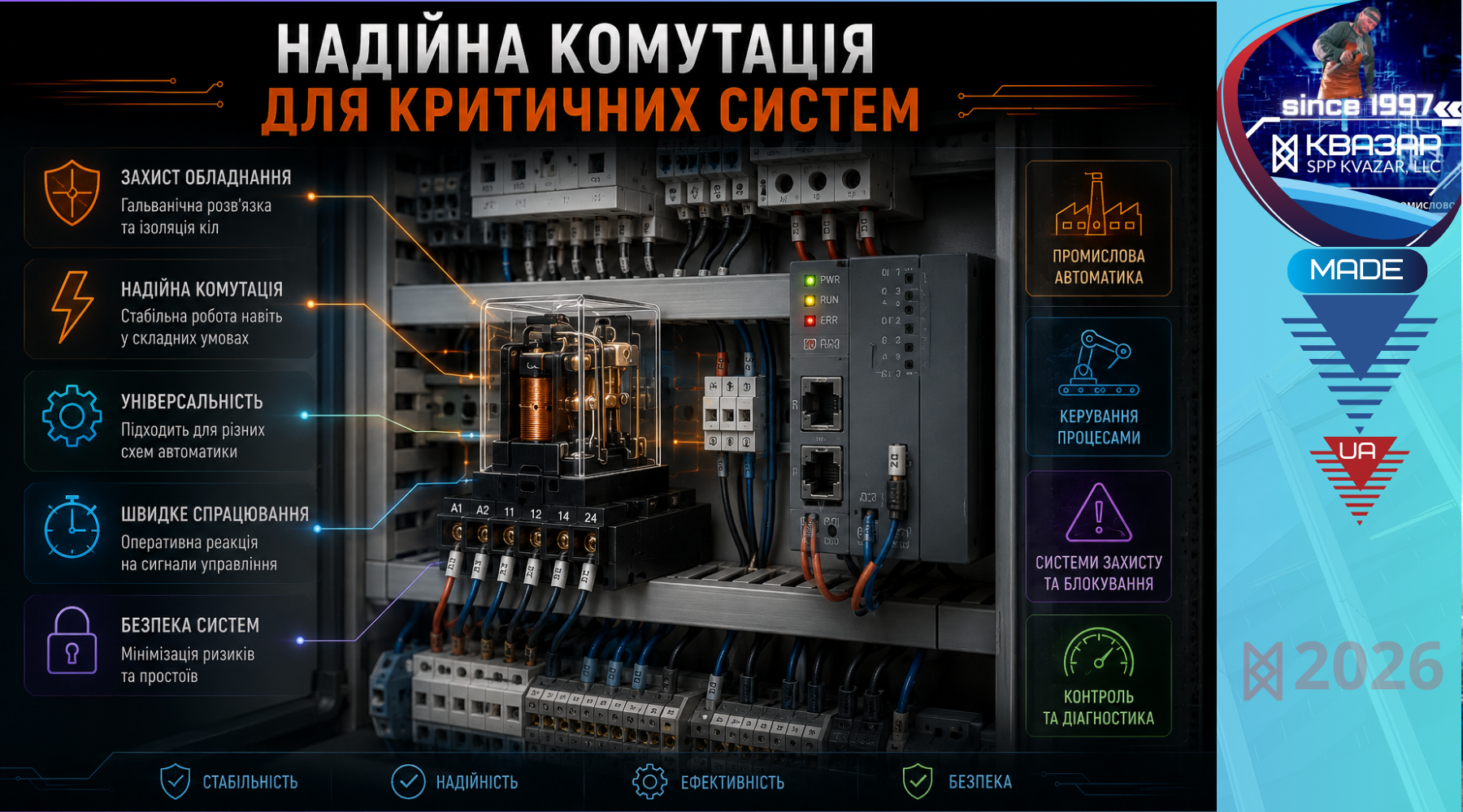 Проміжне реле СВП КВАЗАР у промисловій шафі керування забезпечує надійну комутацію та захист обладнання