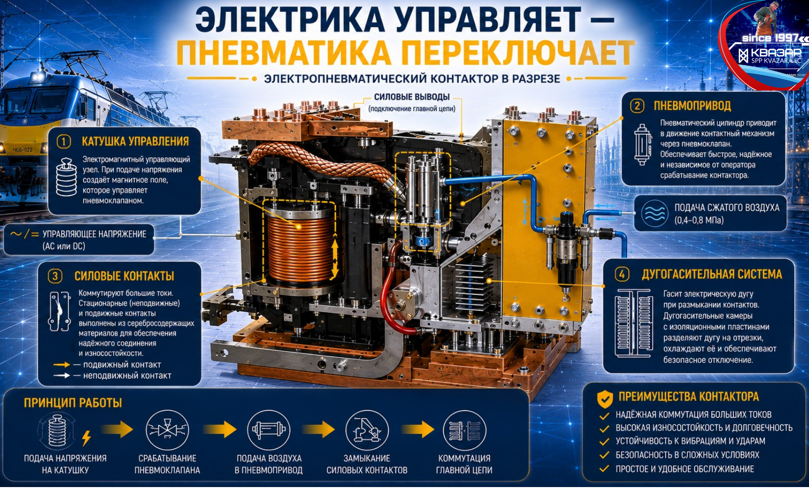 Устройство электропневматического контактора (аналитика СПП КВАЗАР)
