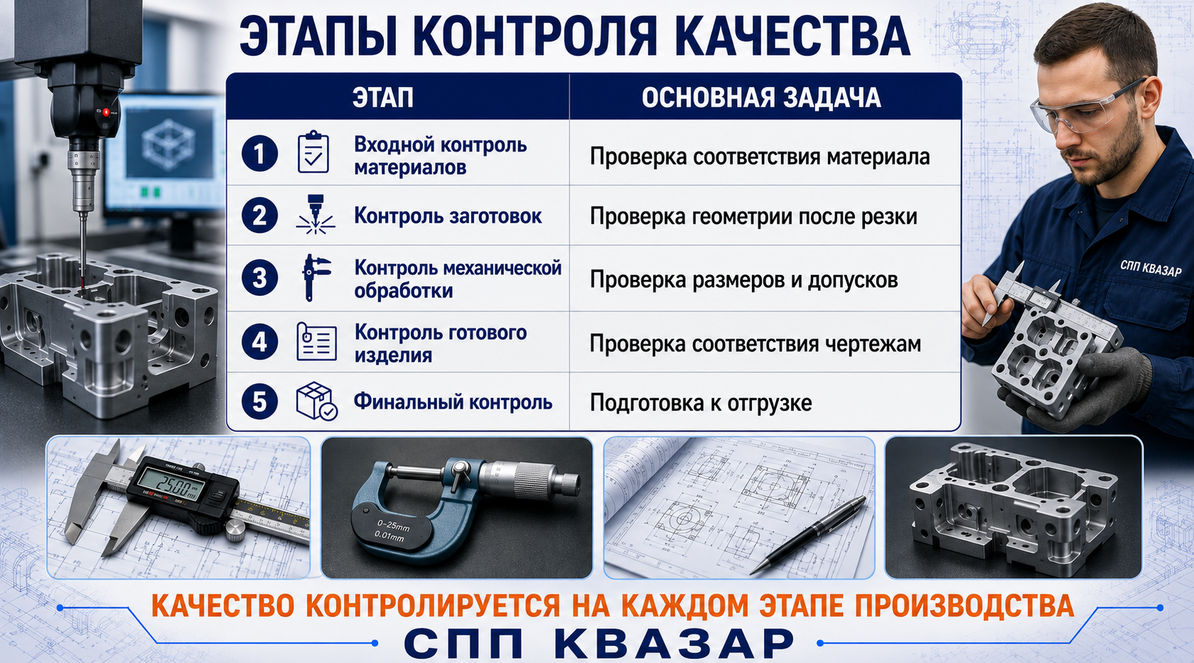 Этапы контроля качества при изготовлении деталей по чертежам от единичной детали к серийному производству