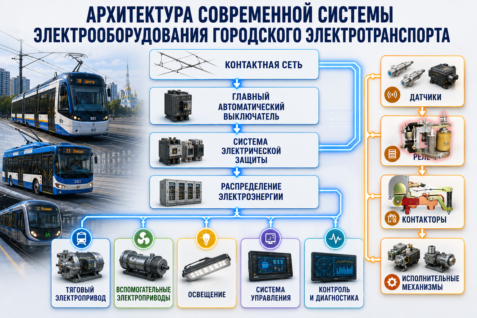 Схема архитектуры современной системы электрооборудования городского электротранспорта с взаимодействием контактной сети, защиты, датчиков, реле, контакторов и исполнительных механизмов - аналитика СПП КВАЗАР
