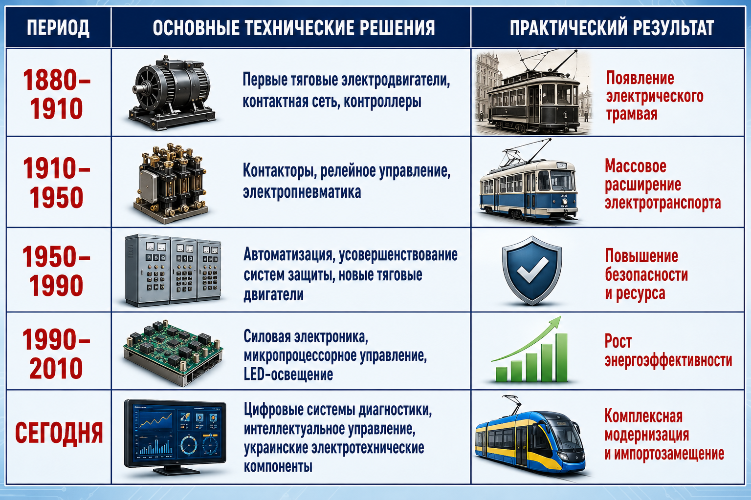 Таблица развития электрооборудования городского электротранспорта от первых электродвигателей и релейных систем к современным цифровым технологиям управления - аналитика СПП КВАЗАР