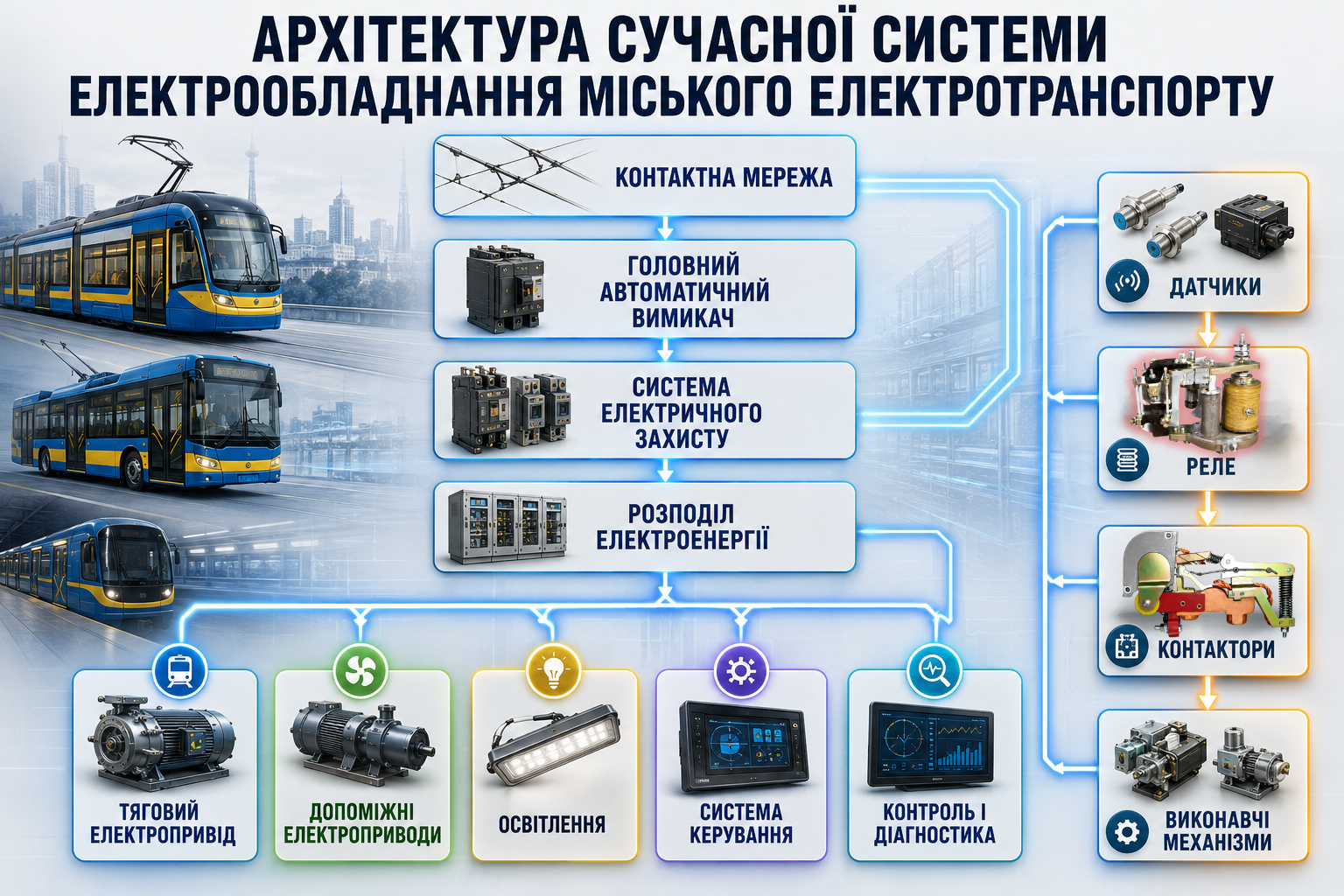 Схема архітектури сучасної системи електрообладнання міського електротранспорту із взаємодією контактної мережі, захисту, датчиків, реле, контакторів і виконавчих механізмів - аналітика СВП КВАЗАР