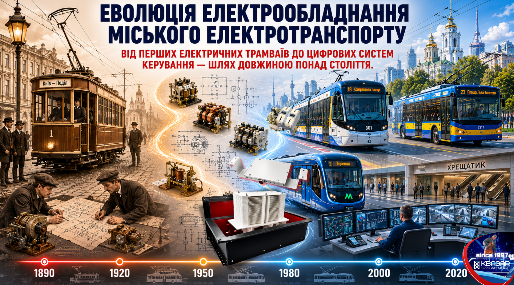 Еволюція електрообладнання міського електротранспорту від перших електричних трамваїв до сучасних цифрових систем керування трамваїв, тролейбусів і метро - аналітика СВП КВАЗАР