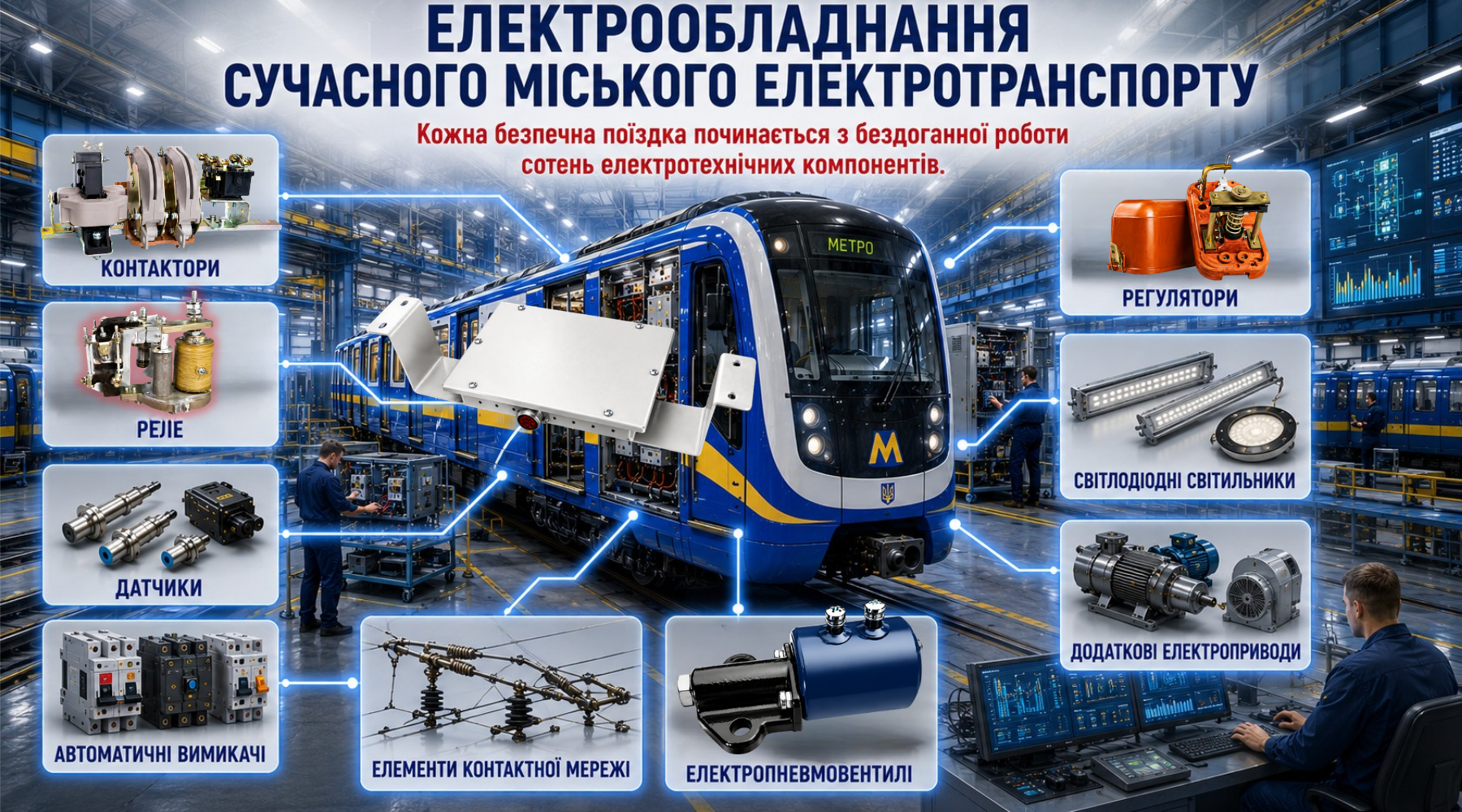 Сучасне електрообладнання вагона метро з контактами, реле, датчиками, регуляторами, автоматичними вимикачами та світлодіодним освітленням - аналітика СВП КВАЗАР