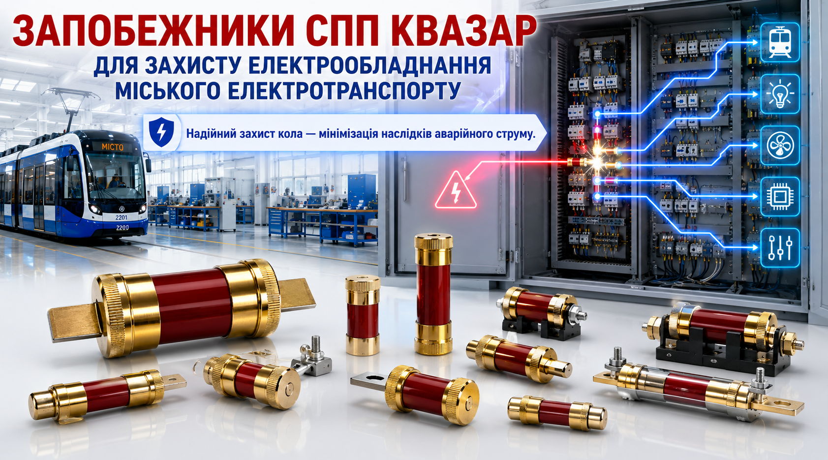Асортимент запобіжників СВП КВАЗАР для захисту силових і допоміжних електричних кіл трамваїв, тролейбусів та вагонів метро