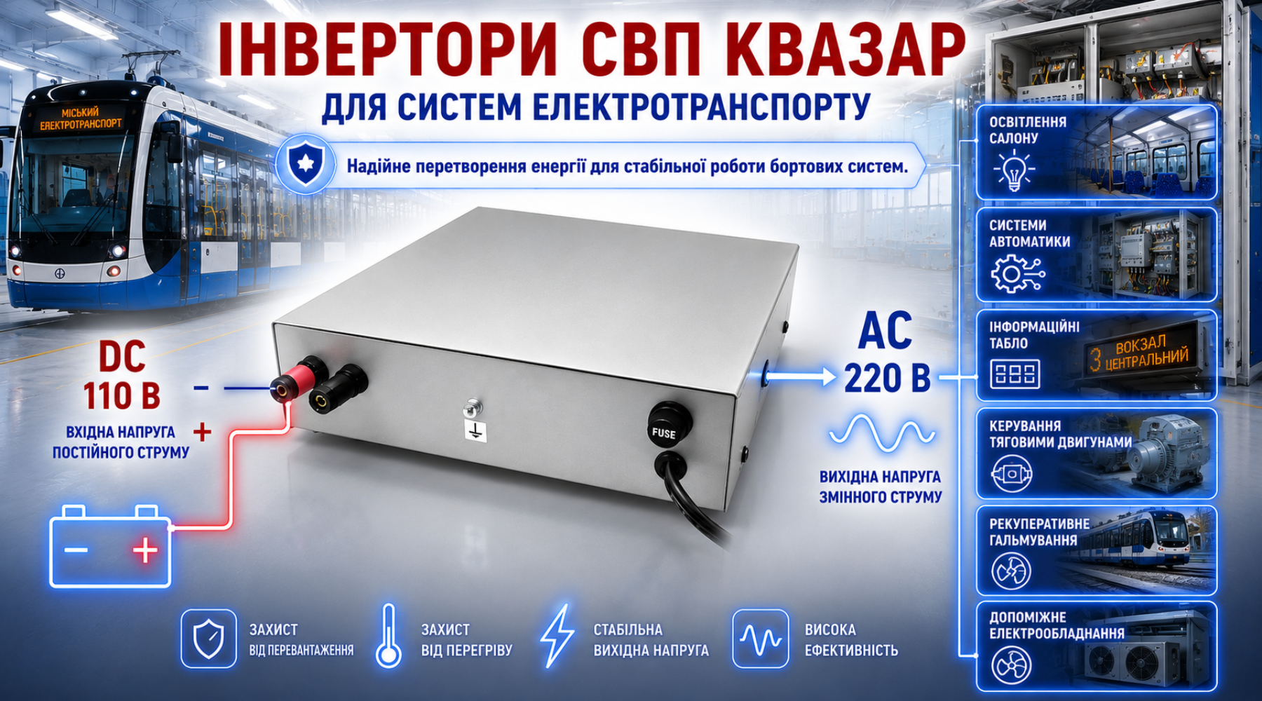 Інвертори СВП КВАЗАР типу ІН-110В/220В для перетворення напруги та живлення допоміжного електрообладнання міського електротранспорту