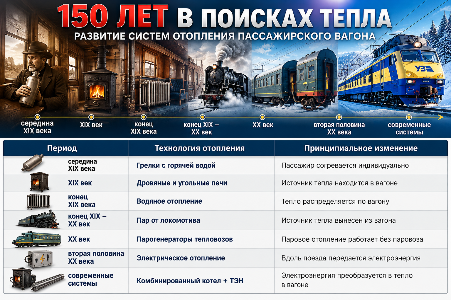 Основные этапы развития систем отопления пассажирских вагонов