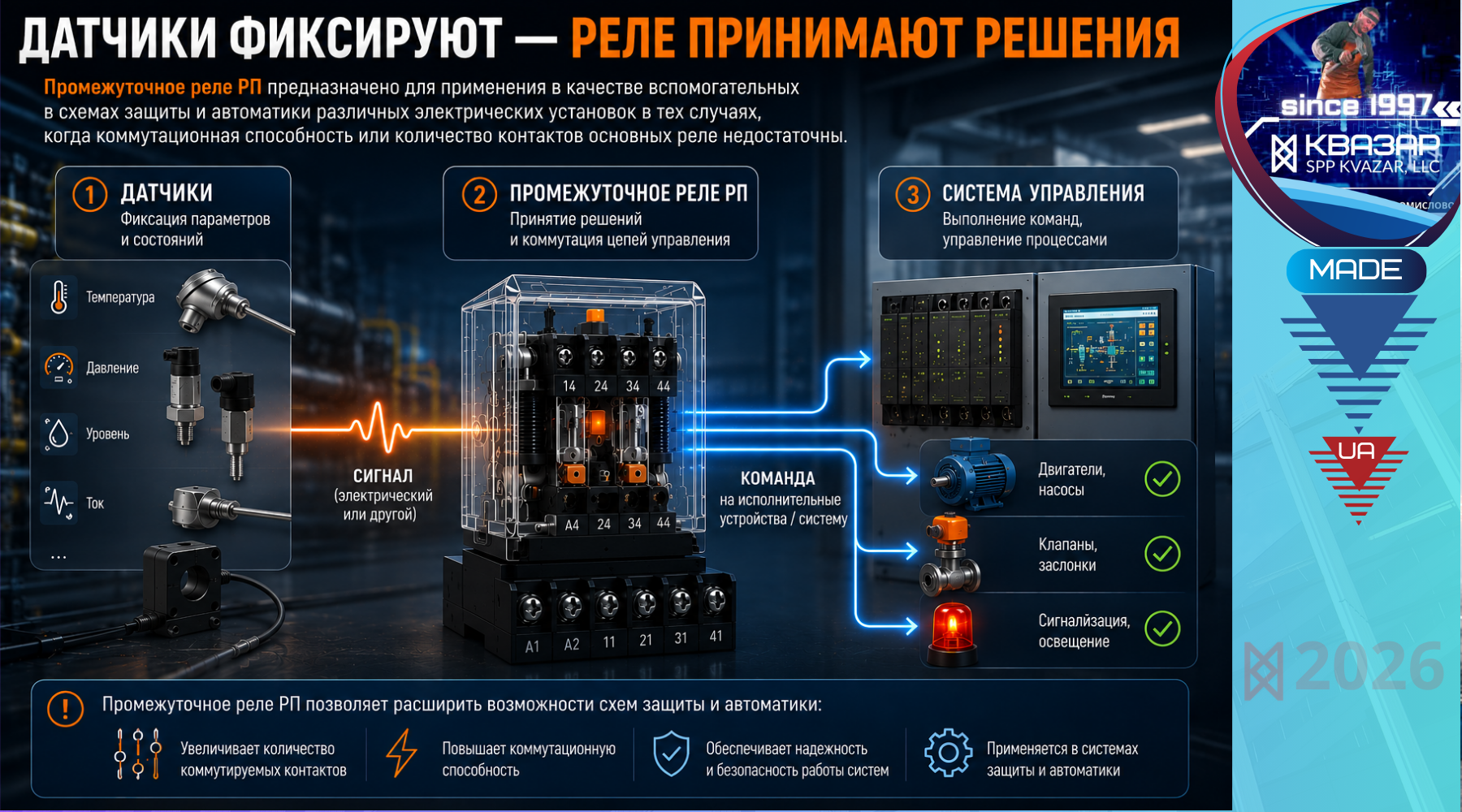 Датчик передает сигнал на промежуточное реле производства СВП КВАЗАР в системе промышленного управления.