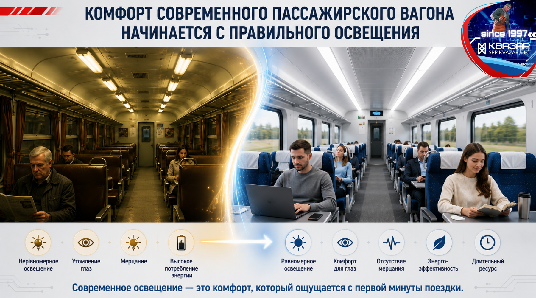 Сравнение освещения пассажирского вагона старого поколения и современного LED-салона – аналитика СПП КВАЗАР