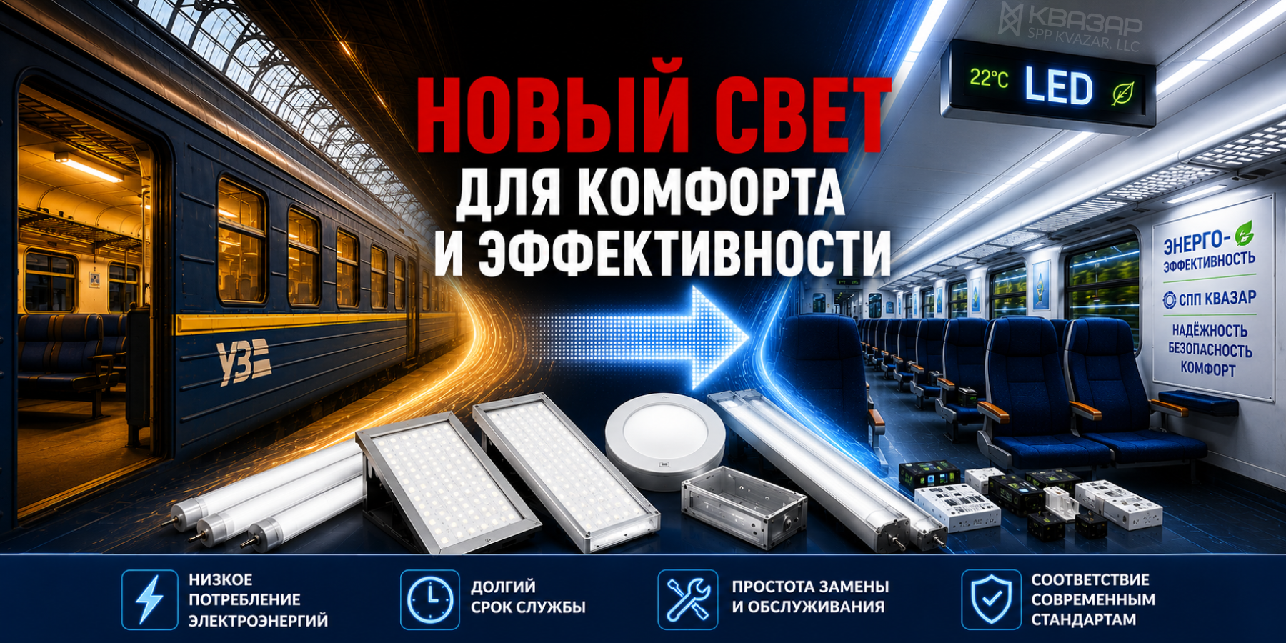 Переход пассажирских вагонов на современное LED-освещение: модернизация светотехнических систем, энергоэффективность, комфорт и надежность от СПП КВАЗАР