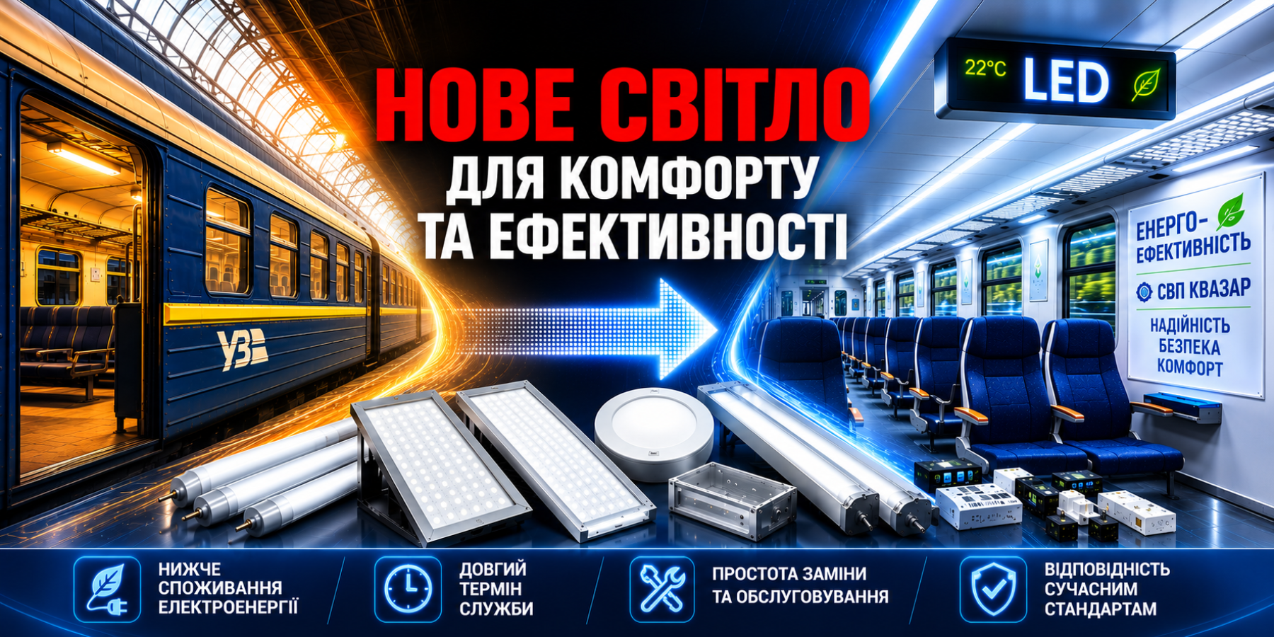 Перехід пасажирських вагонів на сучасне LED-освітлення: модернізація світлотехнічних систем, енергоефективність, комфорт і надійність від СВП КВАЗАР